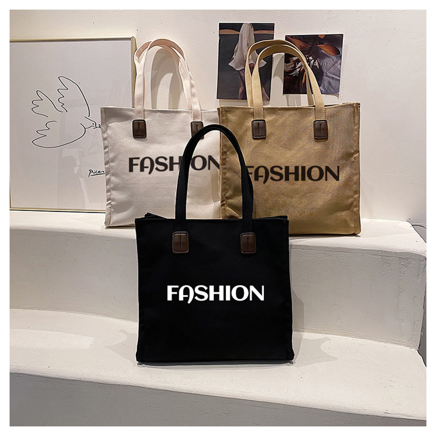 夏季时尚简约帆布斜挎托特包