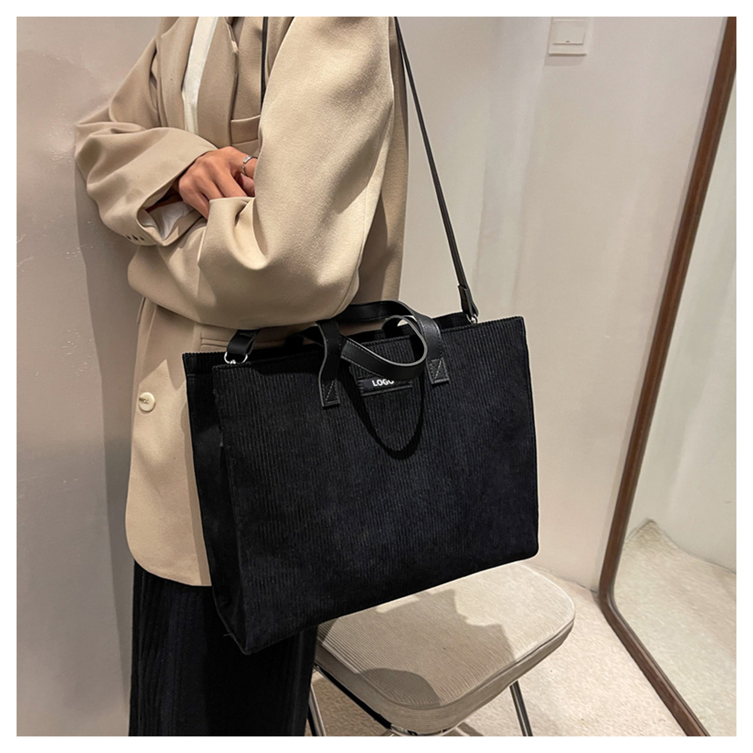 新款简约条绒手提通勤托特单肩包